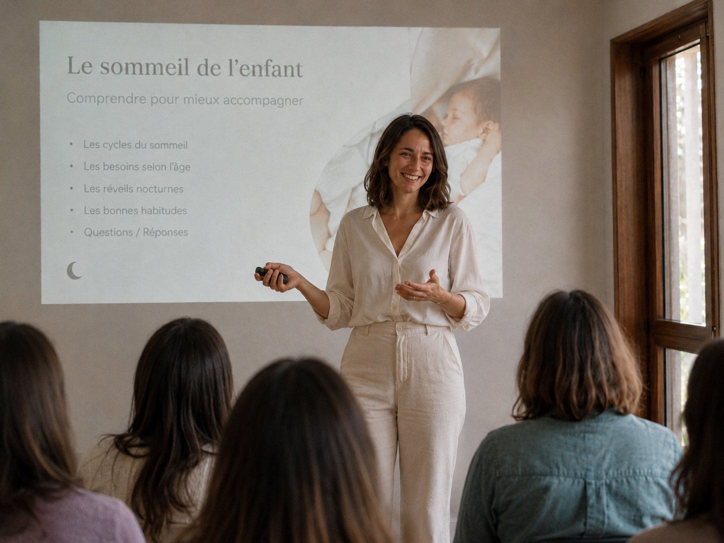 Aurélie, devant un groupe de parents, pendant un atelier sur le sommeil de l’enfant.