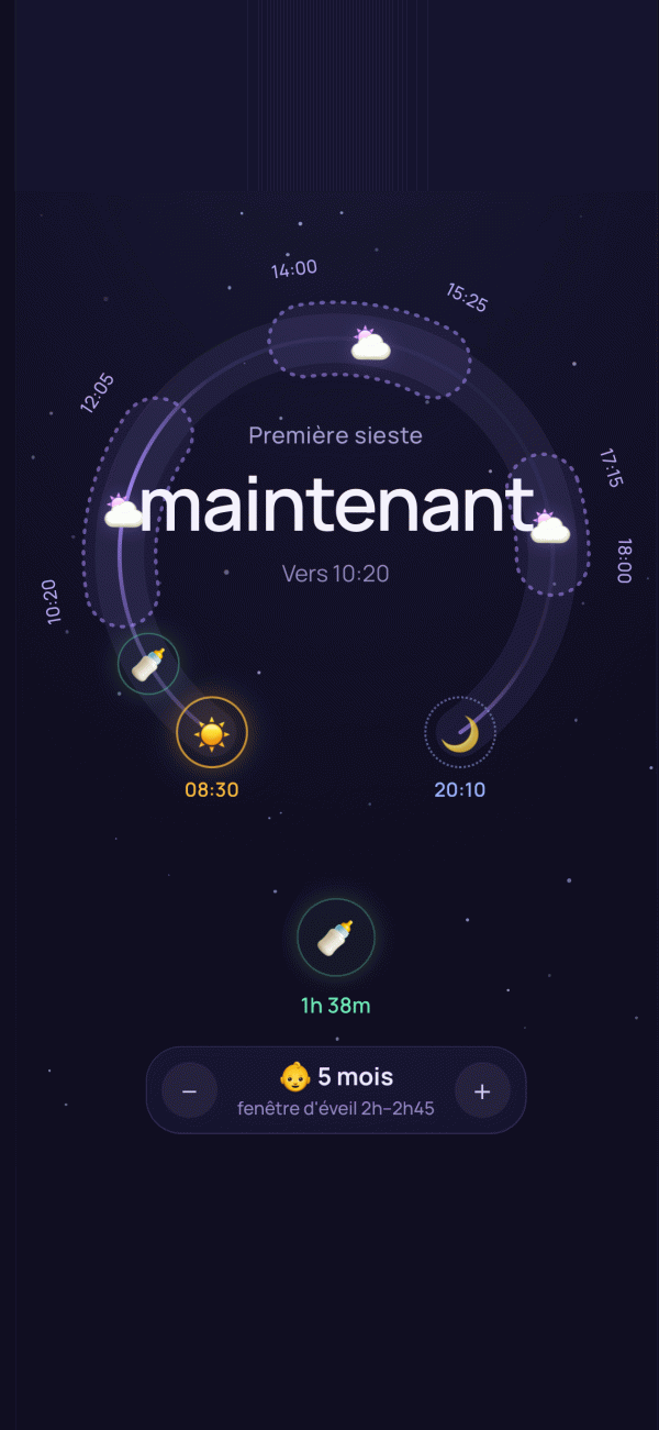 Le planificateur de sommeil sur un téléphone : le cadran de la journée, les
                  siestes proposées, l’heure de coucher visée et la fenêtre d’éveil de l’âge.